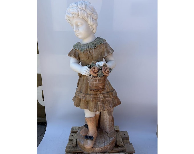 Large Vintage Marble Child Statue – French Style Garden Sculpture, Heavy Stone Figurine