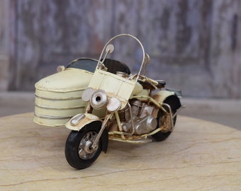 Moto blanche avec side-car - Modèle en métal à l'ancienne - Modèle de moto ancienne - Jouet vintage - Article de collection - Idée cadeau - Décoration d'intérieur