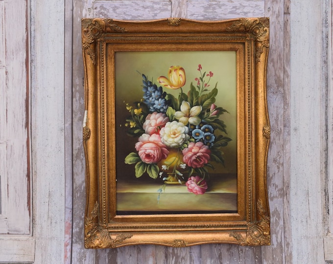 Flowers on Table - Painting in Golden Wooden Frame Oil on Canvas 54x44 - French Art - Flower Wall Decor - Luxury Gift