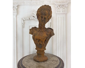Cast Iron Lady of Camellias Bust – Rustical Woman Statue for Garden Home Decor