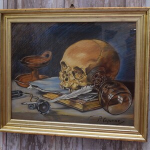 Unique Painting Memento Mori Paul Cezanne Style Skull Old Pastel on Carton Handmade Vintage Painting Horrible Gift Idea Wall Decor image 3