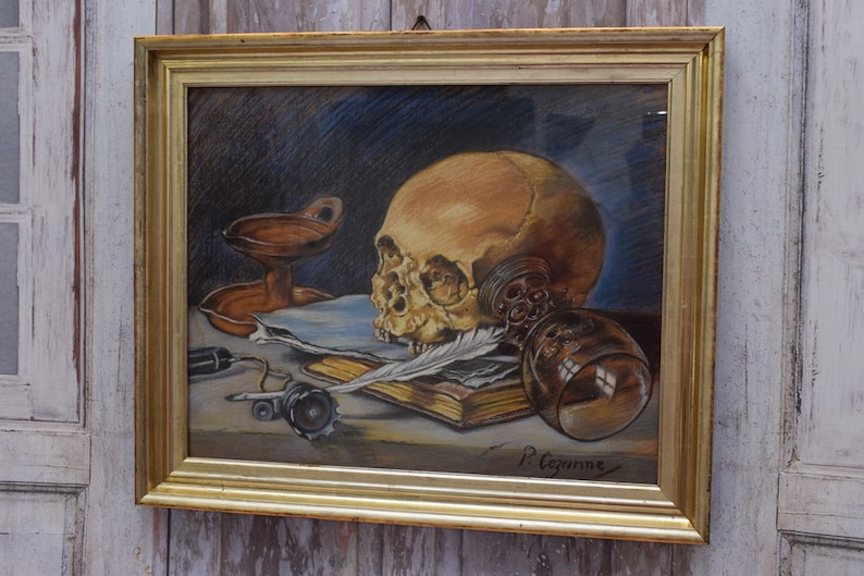 Unique Painting Memento Mori Paul Cezanne Style Skull Old Pastel on Carton Handmade Vintage Painting Horrible Gift Idea Wall Decor image 3