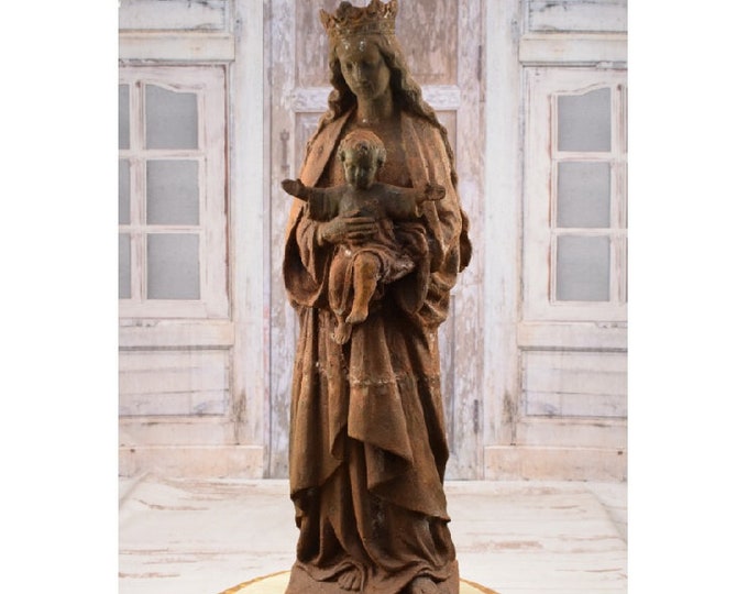 Cast Iron Virgin Mary with Baby Jesus - Unique Our Lady Mary Sculpture - Madonna Rustical Saint Vintage Figurine - Home and Garden Decor