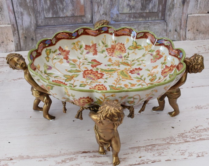 Large Amazing Porcelain Bowl - Bronze Ornaments Angels - Plateau Porcelain Vintage - Luxury Bowl - Angels and Flowers-