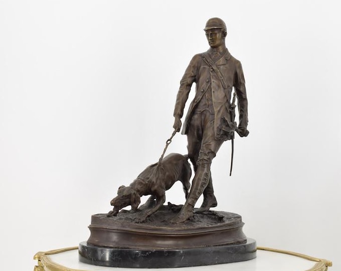 Bronze Statue Hunter with Dog - PJ Mene Signed - Unique Hunting Sculpture - Home and Office Decor - Gift Idea for Hunter - Colectible Art