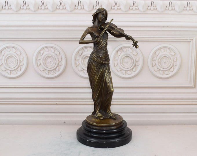 Woman with Violin Bronze Statue on Marble Base - Art Deco Style Bronze Sculpture - Luxury Gift for Violinist Woman - Hom Decor