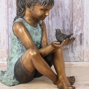 Bronze Statue Girl with Bird - Amazing Garden Statue - Beautiful Bronze Child with Bird - Sculpture Bronze - Richly Decorated for Garden