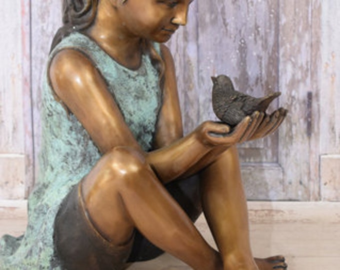 Bronze Statue Girl with Bird - Amazing Garden Statue - Beautiful Bronze Child with Bird - Sculpture Bronze - Richly Decorated for Garden