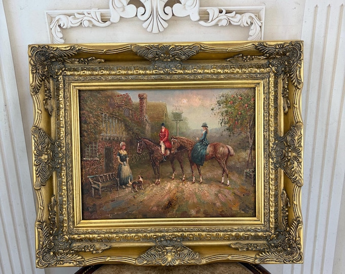 Vintage Equestrian Countryside Painting - Horse Riders with Dog - Ornate Gold Frame - Classic Country Wall Art