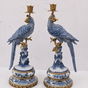 Blue Pair Parrots Set Porcelain with Bronze Candlestick, Regency Candlestick, Boho Decor, Blue Parrots Statues, Exclusive Porcelain Gift