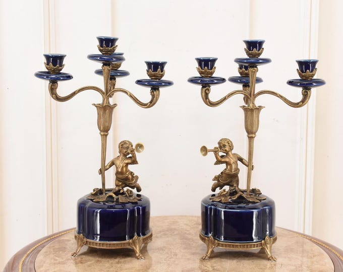 Pair of Cobalt Blue Candlesticks with Bronze Mounts – Bronze Cherubs – Unique Decorative Home Set – Antique Style