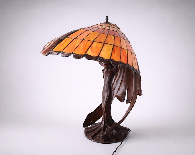 Handcrafted Stained Glass Floor Lamp – Art Deco Woman with Umbrella