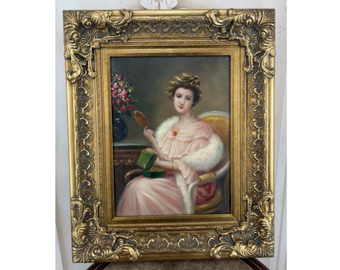 Vintage French Lady Portrait - Woman in White and Pink Dress with Mirror - Ornate Gold Frame - Elegant Wall Art