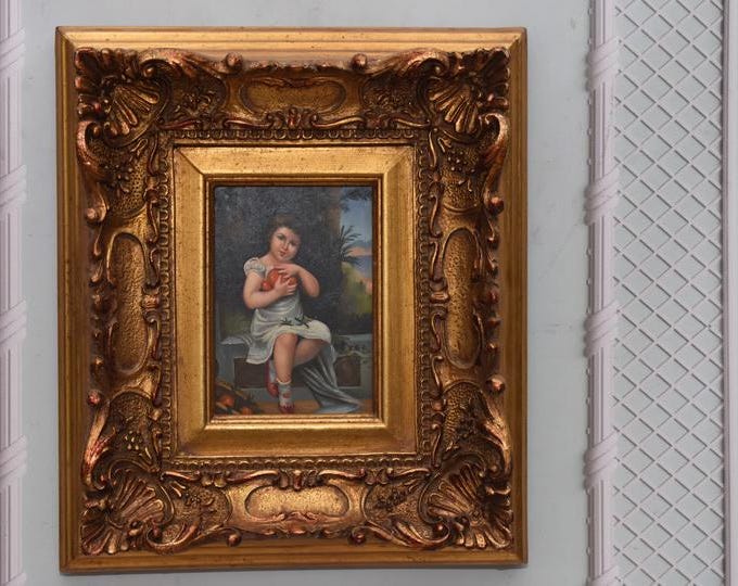 Vintage Italian “Girl With Oranges” Painting – Golden Frame, Wall Decor