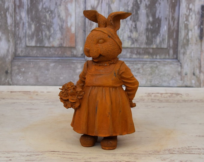 Cast Iron She Hare with Flowers - Dressed Hare Figurine - Rustical Statue - Home and Garden Decoration - Housewarming Gift Idea