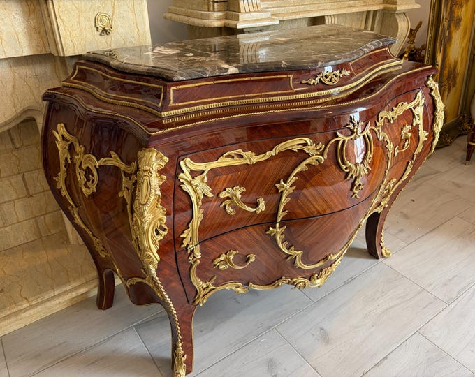 Antique French Baroque Commode: Beech Wood, Marble Top, Bronze Ornaments
