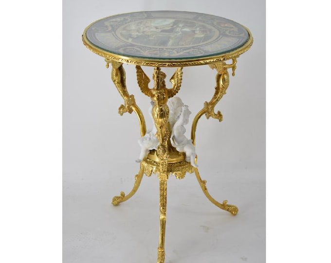 French Royal Louis XVI Table – Hand-Painted, Bronze and Porcelain with Angels, Alabaster Accent Side Table - Home and Office Decor