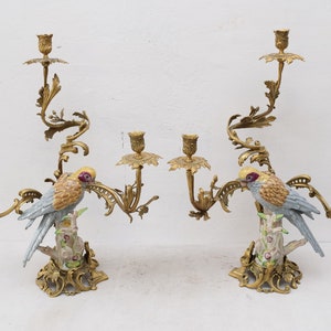 EXTRA SIZE! Pair Set Porcelain with Bronze Candlestick Parrots on a Branch Bird Parrot  Art Deco Gift -