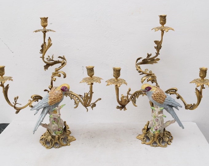 EXTRA SIZE! Pair Set Porcelain with Bronze Candlestick Parrots on a Branch Bird Parrot  Art Deco Gift -