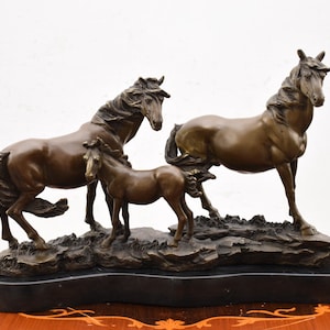 Family Horses Bronze Sculpture on Marble Base - Three Horses Art Work Sculpture - Horse Art - Home and Garden Figurine -