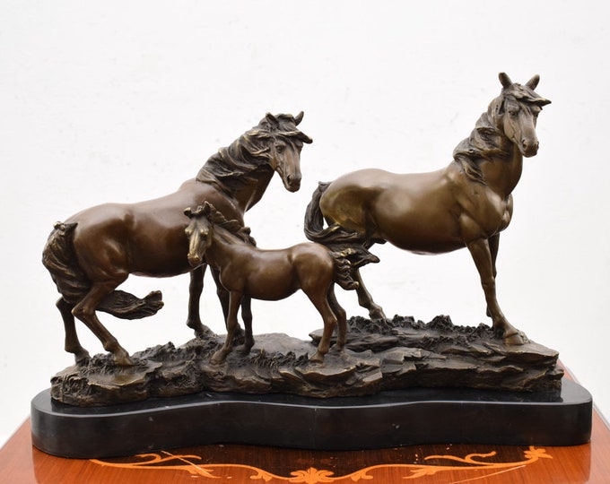 Family Horses Bronze Sculpture on Marble Base - Three Horses Art Work Sculpture - Horse Art - Home and Garden Figurine -