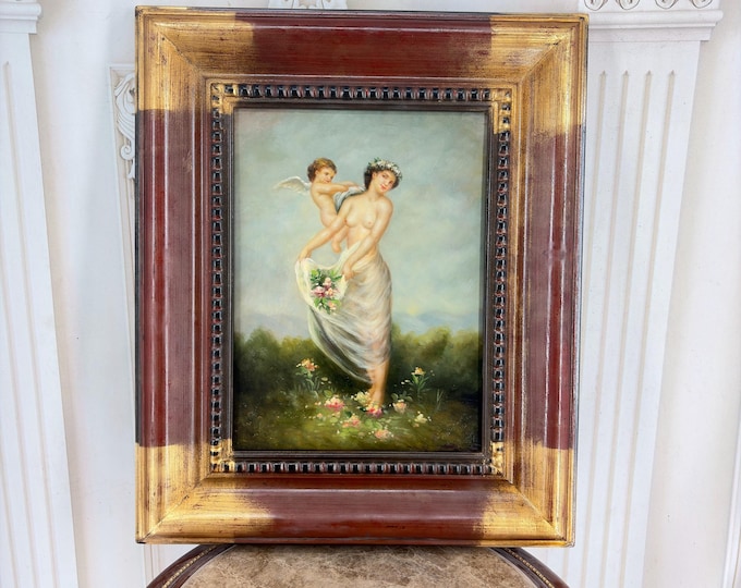 Vintage Flora and Cupid Oil Painting on Wood - Classical Woman with Cherub - Floral Allegorical Art - Brown Gold Wooden Frame