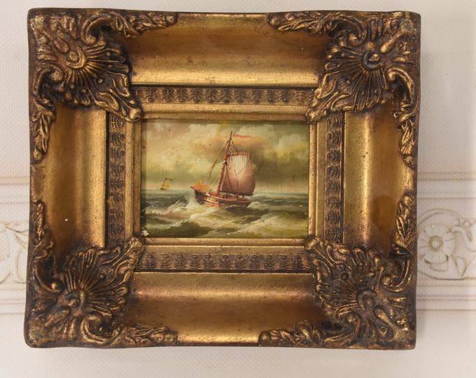 Vintage Boat Painting: Handmade Nautical Seascape with Gold Frame