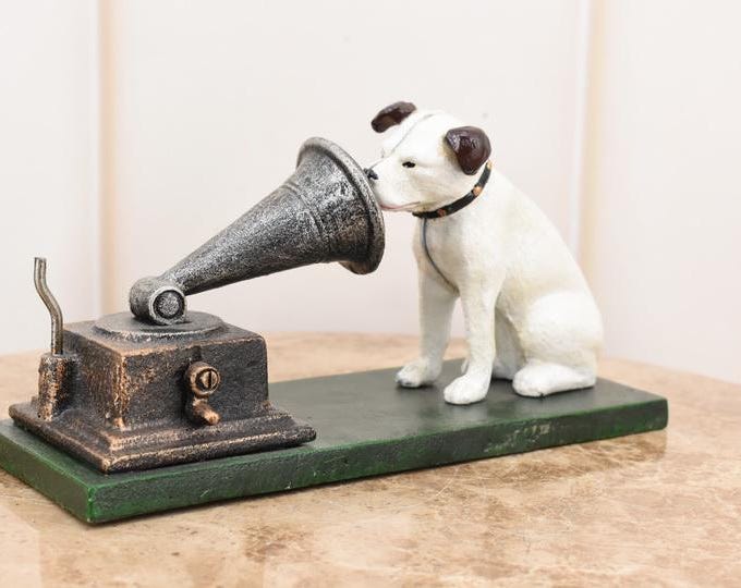 Cast Iron Dog Nipper Statue with Gramophone - Handmade Dog Art Decor