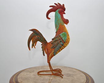 Handcrafted Iron Rooster Figurine: Colorful Garden Sculpture (17.3" Tall)