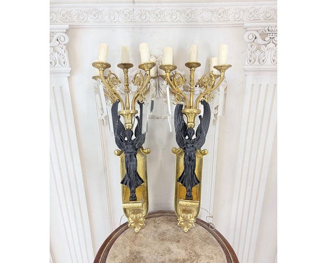 Vintage French Empire Bronze Wall Sconces – Winged Nymphs, 2-Piece Set
