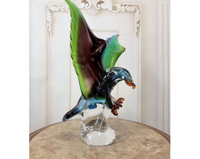 Murano Style Eagle Glass Sculpture: Italian Art, Green & Blue Decor
