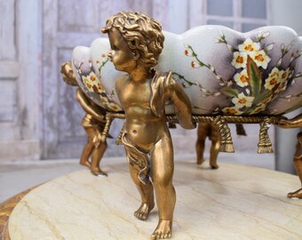 ヴィンテージボウル　器　オブジェ　ブロンズ ヴィンテージ磁器ボウル：ブロンズエンジェル、豪華に装飾された台地