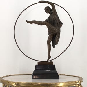 Bronze Gymnast Woman Sculpture with Hoop - Sash – Elegant Female Acrobat Statue – Art Deco Home Decor – Gift for Dancer or Her