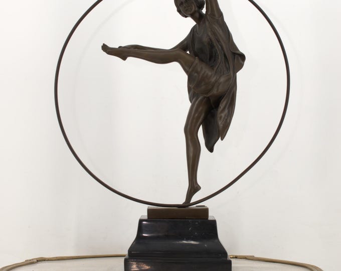 Bronze Gymnast Woman Sculpture with Hoop - Sash – Elegant Female Acrobat Statue – Art Deco Home Decor – Gift for Dancer or Her