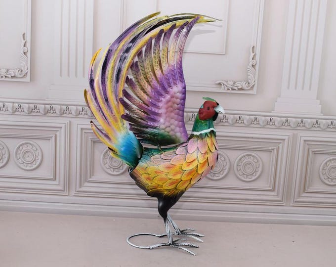 LARGE Iron Colorful Pheasant - Nice Detail and Beautiful Colours - Amazing Metal Statue for Garden - Home Decor