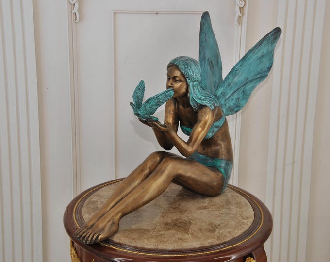 Bronze Garden Statue – Thumbelina with Dove – Patinated Bronze Sculpture – Girl with Bird – Outdoor Decor – Elegant Garden Art