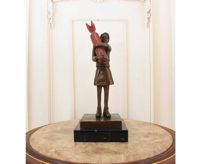 Banksy Style Bronze Girl with Rocket Statue - Marble Base Modern Art