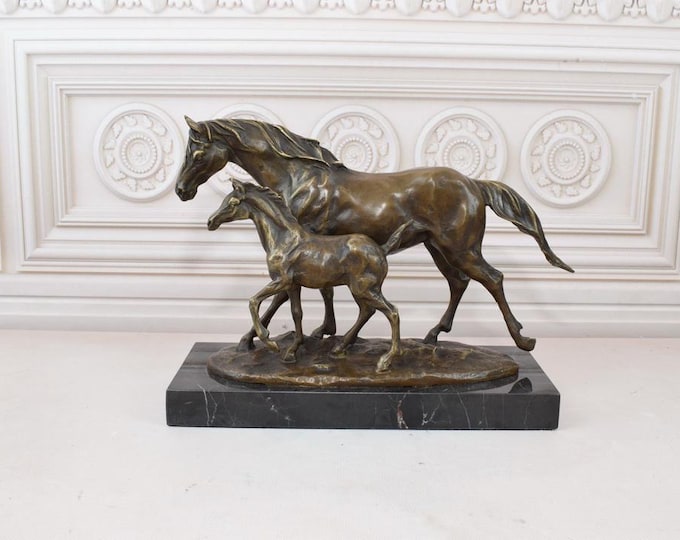 Mare and Foal Bronze Sculpture - Signed Horse Figurine on Marble Base