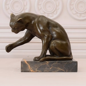 Funny Sitting Cat - Vintage Bronze Statue on Marble Base - Bronze Cat Sculpture - Home Decor - Gift for Birthday, Wedding, Housewarming