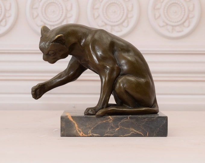 Funny Sitting Cat - Vintage Bronze Statue on Marble Base - Bronze Cat Sculpture - Home Decor - Gift for Birthday, Wedding, Housewarming