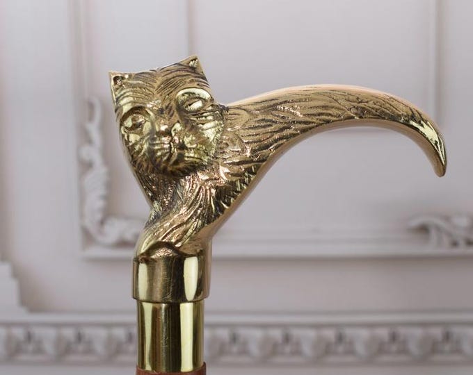 Cat Walking Stick - Wooden and Brass Walking Stick - Amazing Cane - Gift for Grandfather Father - Home Decor