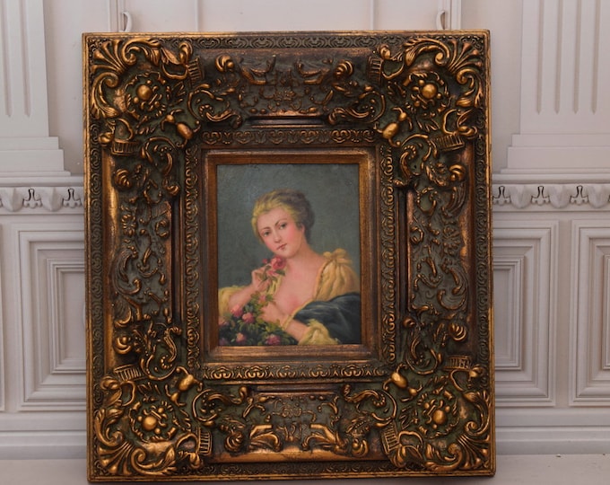 Painting Portrait Girl with Flowers - Nice Gold Frame - Portrait Woman Oil on Wood - French Art - Wall Decor Gift Idea for Birthday Wedding