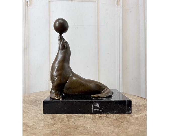 Signed Vintage Bronze Seal Balancing Ball – Marble Base Animal Sculpture