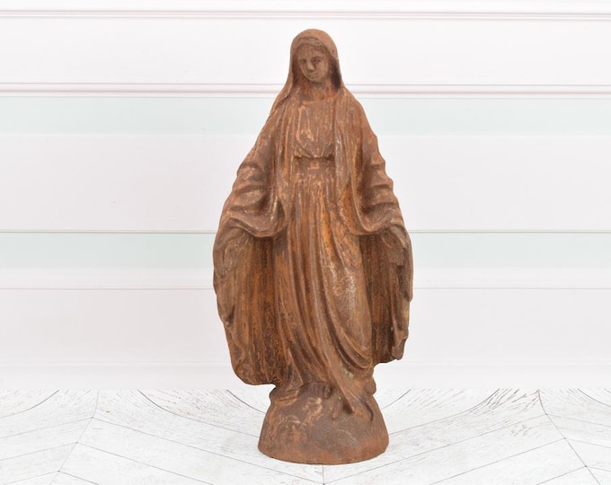 Cast Iron Madonna Statue - Unique Our Lady Mary Sculpture - Rustical Saint Vintage Figurine - Art Deco Style - Home and Garden Decor