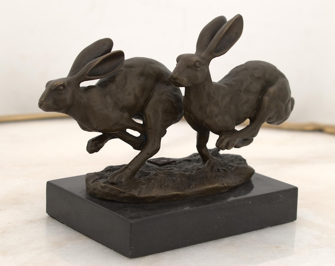 Bronze Running Hares Figurine – Elegant Bronze Rabbit Statue with Foundry Mark – Unique Gift Idea for Home Decor & Collectors