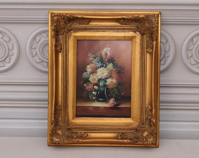 Flowers Painting in Golden Frame - Oil on Wood - French Art - Flower Wall Art Decor - Home Decor - Gift for Birthday, Wedding, Housewarming