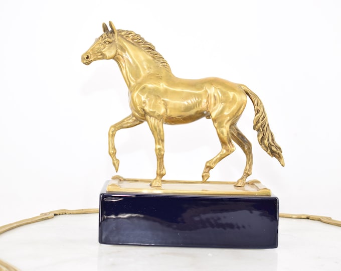 Gilded Horse Figurine – Bronze Sculpture on Porcelain Base – Horse Farm Gift Idea – Elegant Home Decor – Unique Horse Statue