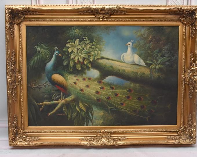 Large Oil Painting – Peacock and Dove, Elegant Wall Art (32x44 in)