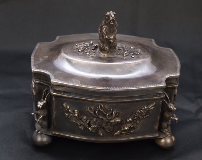 Hunter Sugar Bowl - Tsar Silver Box - Beaver and Hares - Russian Silver Old HandMade - Unique Imperial Russia - Collector Item - Home Decor
