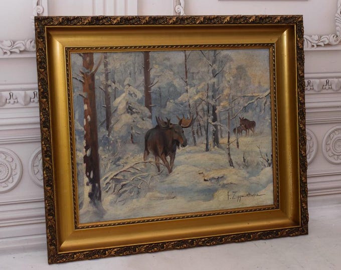Moose in the Forest - Hunter Scene - Antique Painting on Canvas - Unique Old Frame - Summer Landscape - Wall Art Home Decor
